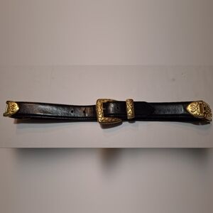 Vintage Fossil Black Leather Belt Brass Victorian Style Accent Size Medium